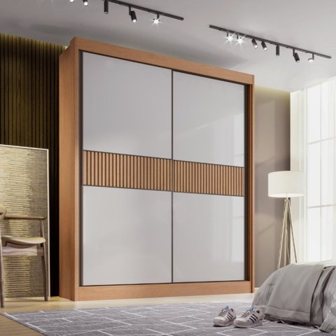 Guarda-Roupa MDF Ripado 2 Portas de Correr 3 Gavetas Milos Marrom/Cinamomo/Off White