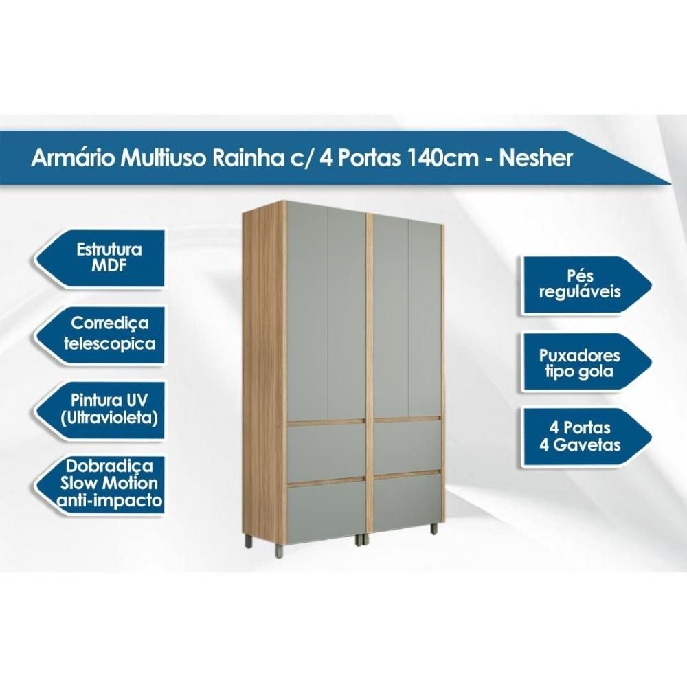 Armário Multiuso Lavanderia Rainha C/ 4 Portas e 4 Gavetas 140cm