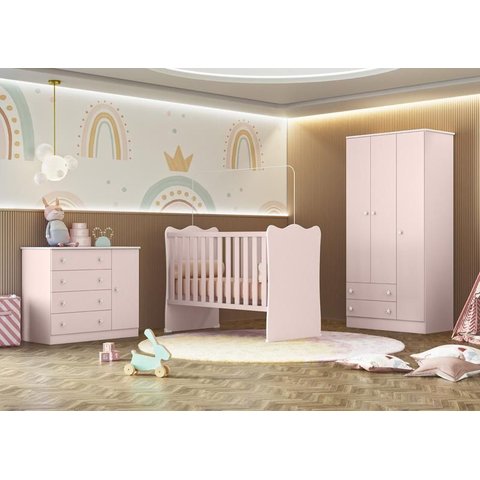 Quarto Infantil Lua Encantada Guarda Roupa, Berço e Cômoda Sapateira Rosa