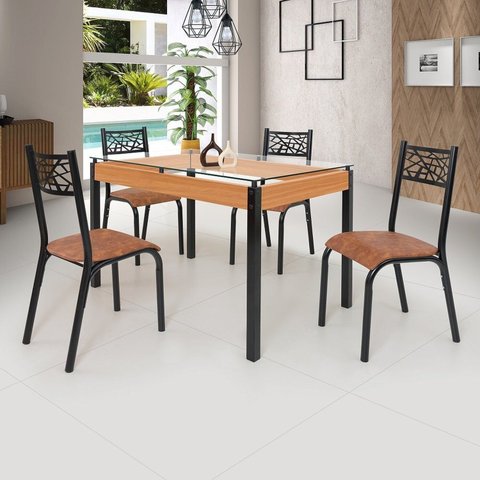 Conjunto Sala de Jantar Mesa 120x77cm Tampo Vidro com 4 Cadeiras Jade Preto Fosco/Caramelo