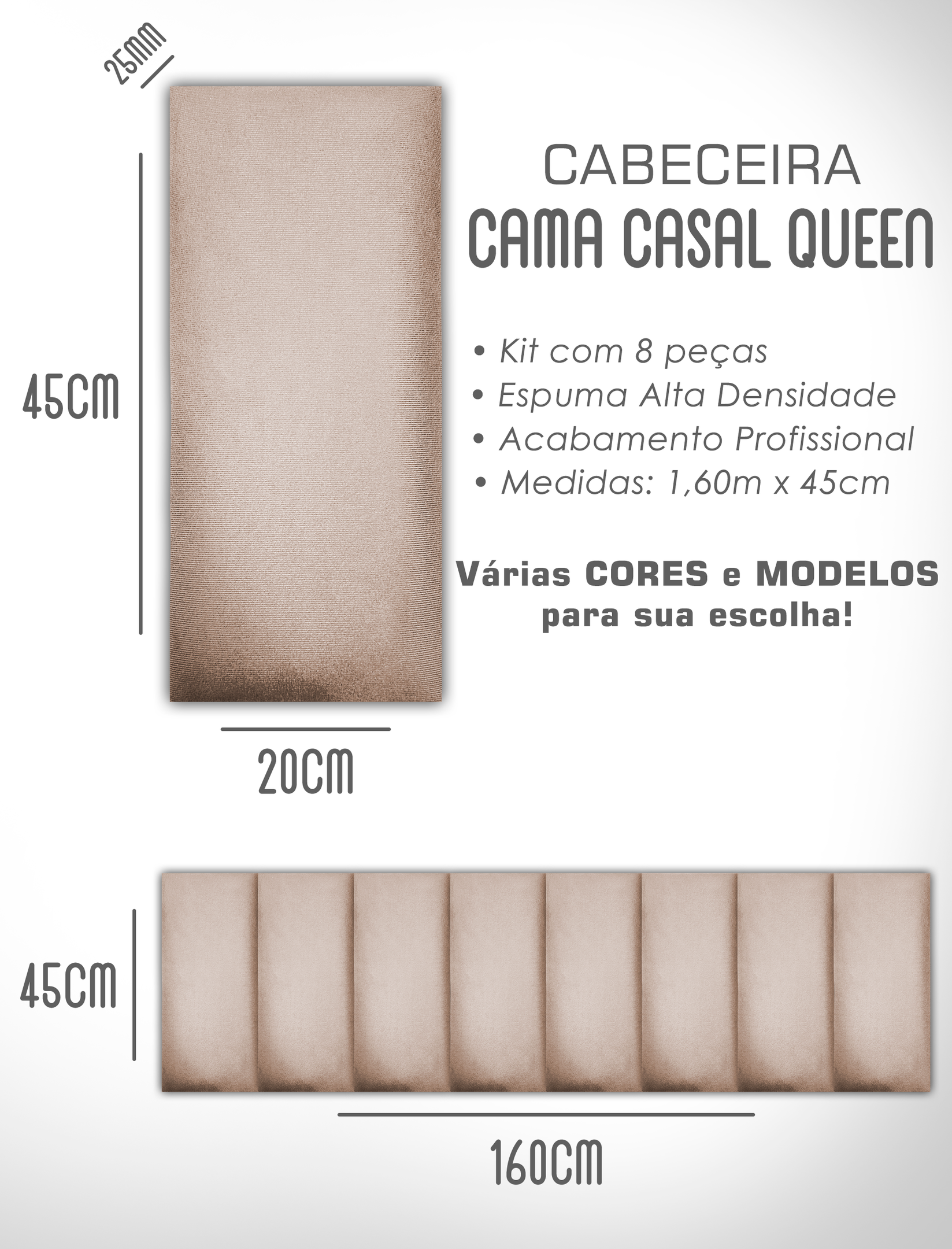 Cabeceira de Cama Box Solteiro Casal Queen King Estofada Modular 45x20cm - 6