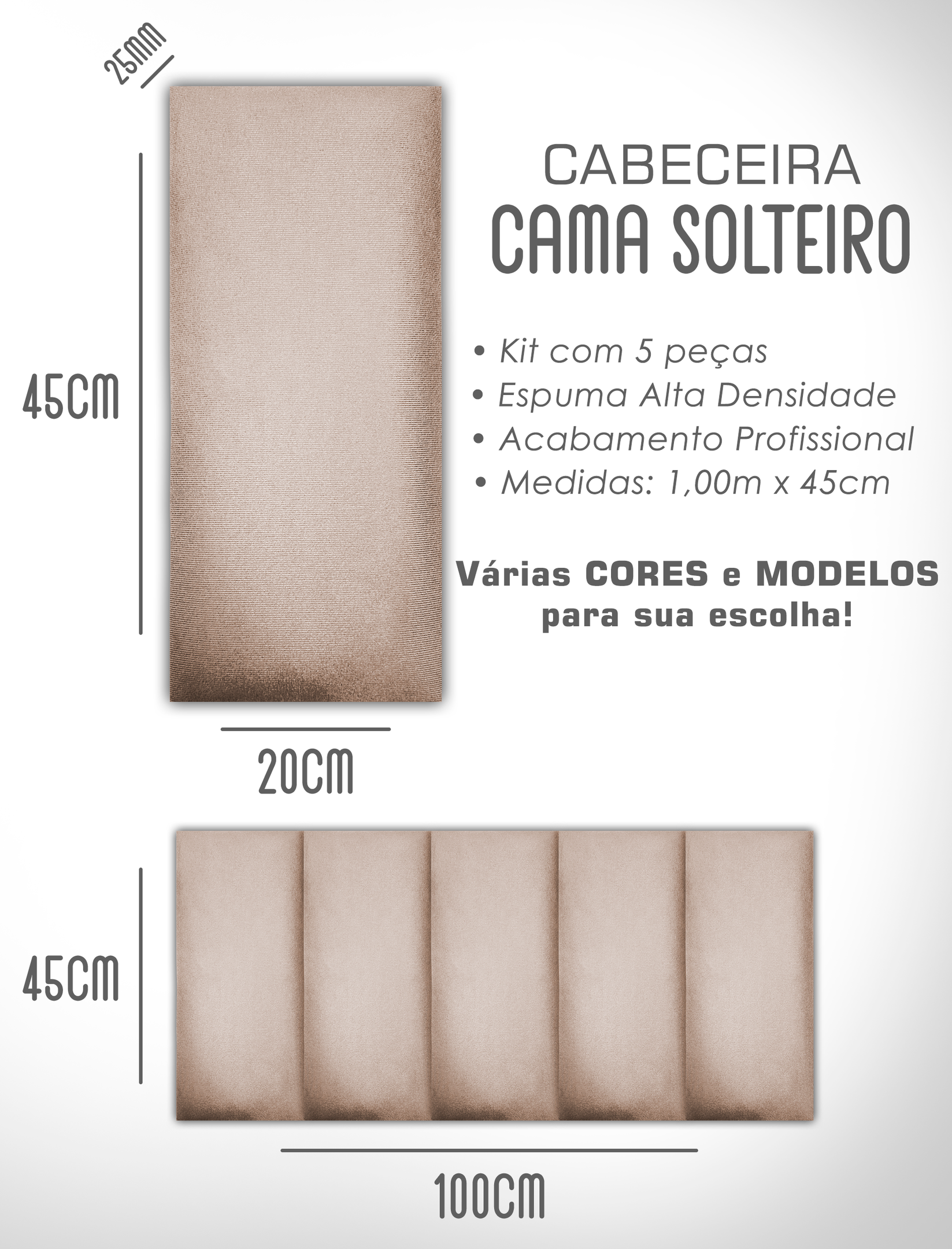 Cabeceira de Cama Box Solteiro Casal Queen King Estofada Modular 45x20cm - 4