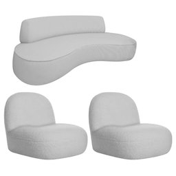 Sofá Curvo 130cm 2 Lugares e 2 Poltronas Orgânico Escritório Recepção Sala Amsterdã Linho Cinza Clar - 1