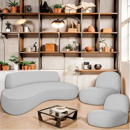 Sofá Curvo 130cm 2 Lugares e 2 Poltronas Orgânico Escritório Recepção Sala Amsterdã Linho Cinza Clar - 2