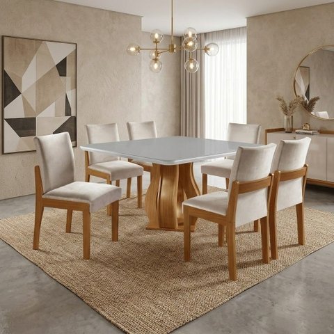 Conjunto Sala de Jantar Mesa Nuance 135cm Quadrada Tampo Vidro/mdp com 6 Cadeiras Mônaco Yescasa