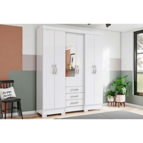 Guarda Roupa Solteiro 6 Portas e 3 Gavetas C- Espelho e Pés Briz B23 Branco - Henn