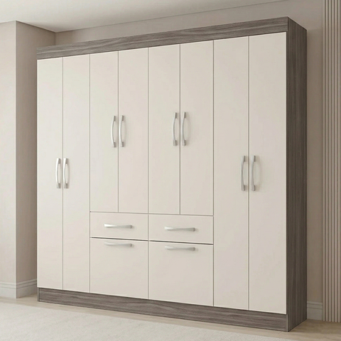 Guarda Roupa Casal 8 Portas 2 Gavetas 2 Basculantes Rubi Yescasa Off White/Castanho
