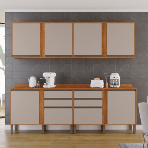 Cozinha Compacta Modulada 4 Peças 8 Portas 4 Gavetas Pérola Bege/Cinamomo/Off White