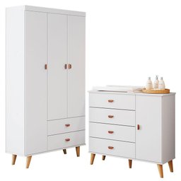 Cômoda Infantil com Guarda Roupa 3 Portas Duda Branco Acetinado Bétula - Carolina - 1