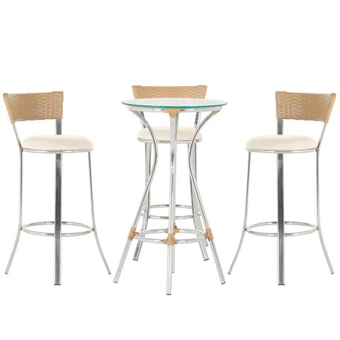 Kit de Mesa Bistrô com Tampo de Vidro Redondo 4 Banquetas em Alumínio e Fibra Sintética Ráfia