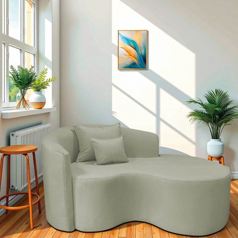 Recamier Curvo Orgânico 150cm 2 Lugares Lado Direito para Sala de Estar Bouclé Londres Verde Oliva