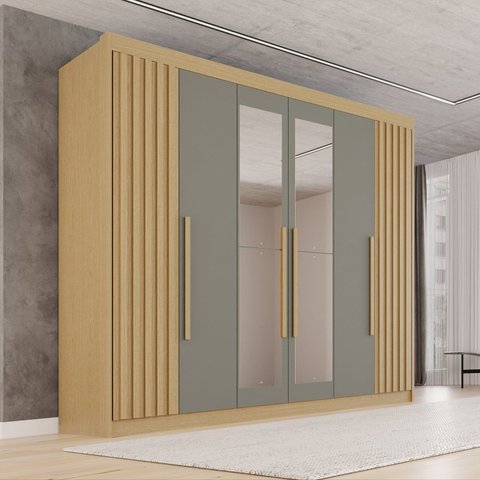 Guarda-Roupa Casal com Espelho 100% MDF 6 Portas 6 Gavetas Granada Premium Cinza/Jequitibá/Granizo