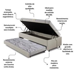 Bicama Box Baú Solteiro 88x188 Corino Linho com Colchão de Espuma Ecoline D20 Ecoflex - 5