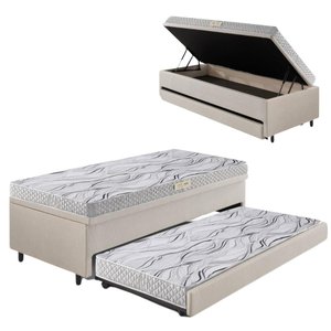 Bicama Box Baú Solteiro 88x188 Corino Linho com Colchão de Espuma Ecoline D20 Ecoflex