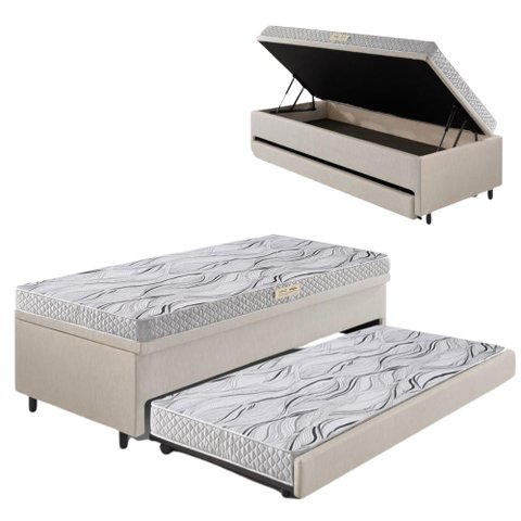 Bicama Box Baú Solteiro 88x188 Corino Linho com Colchão de Espuma Ecoline D20 Ecoflex