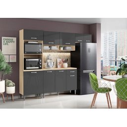 Cozinha Compacta + Balcão com Tampo Atenas Avena/ Grafito - Aramóveis - 1 Cozinha Compacta + Balcão com Tampo Atenas Avena/ Grafito - Aramóveis - 1