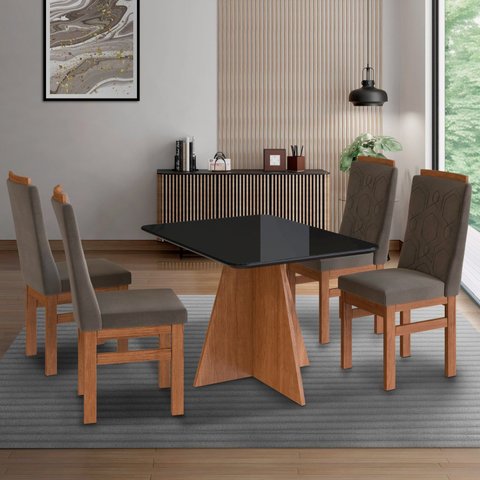 Mesa para Sala de Jantar 120x90cm com Vidro Lapidado Marrom/Canela/Preto