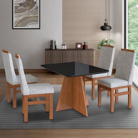 Conjunto Sala de Jantar Mesa 90x120cm Tampo de Vidro com 4 Cadeiras Madeira Maciça Marrom/Cenela/Preto/Cinza