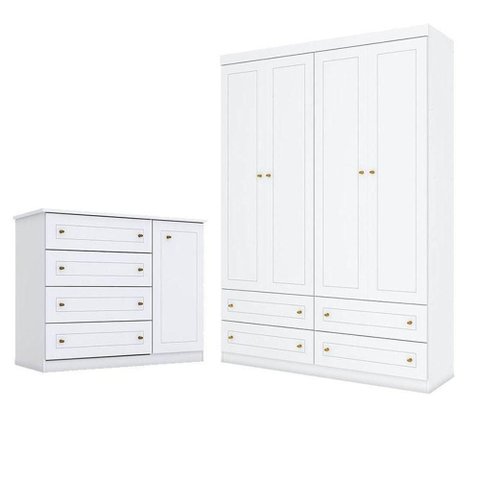 Cômoda e Guarda Roupa Infantil Mississipi 4 Portas Branco - Henn