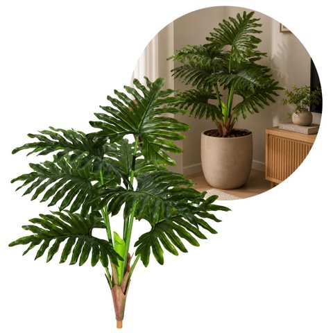 Planta Imbé Artificial Permanente 90cm com Tronco e 7 Folhas Verdes Decorativas