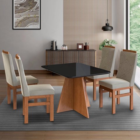 Conjunto Sala de Jantar Mesa 90x120cm Tampo de Vidro com 4 Cadeiras Madeira Maciça Bege/Cenela/Preto/Creme