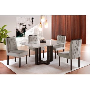 Conjunto Sala de Jantar 4 Lugares Mesa e Cadeiras Veludo Requinte Madeira Maciça