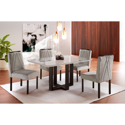 Conjunto Sala de Jantar 4 Lugares Mesa e Cadeiras Veludo Requinte Madeira Maciça