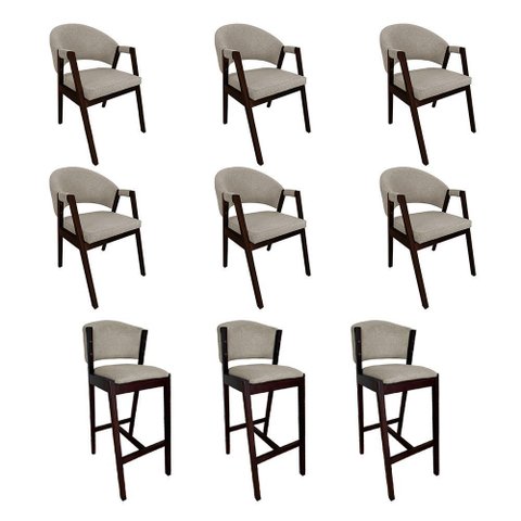 Kit 6 Cadeiras de Jantar Helen com 3 Banquetas Ana Madeira Maciça Castanho Premium Linho Bege