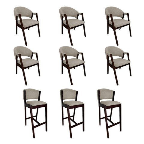 Kit 6 Cadeiras de Jantar Helen com 3 Banquetas Ana Madeira Maciça Castanho Premium Linho Bege