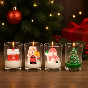 Conjunto 4 Mini Velas Natalinas Decorativas 3d com Castiçal Vidro Papai Noel, Boneco de Neve, Pinhei