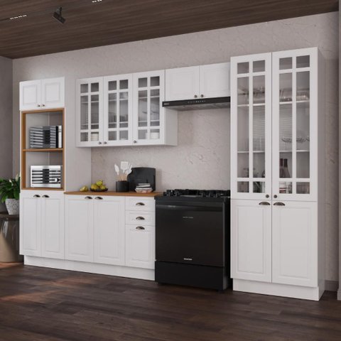 Armário de Cozinha Modulada Completa Fidelitá Nara 100% MDF 5 Peças 350cm 16 Portas 2 Gavetas com