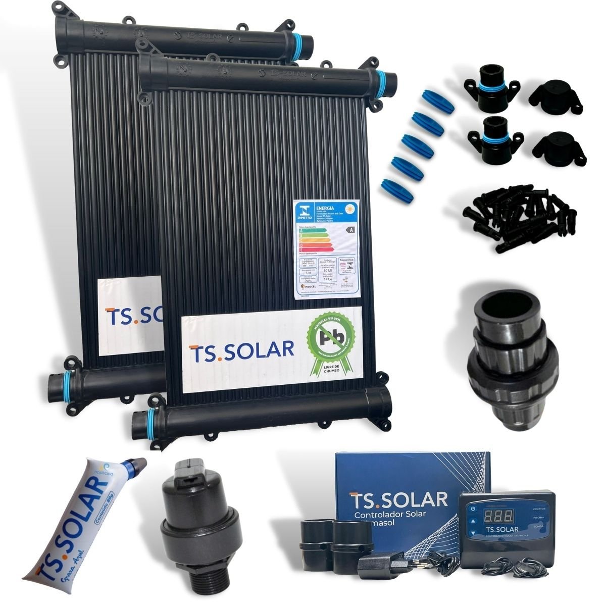 KIT AQUECIMENTO SOLAR PISCINA 11 PLACAS 3MT+ CONTROL+ VALVS