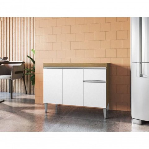 Balcão Gabinete de Pia Tatiane 3 Portas 1 Prateleira MDP 95cm Amêndoa e Branco