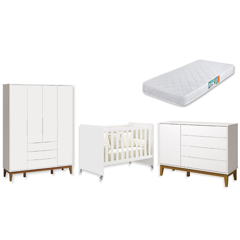 Quarto de Bebê Berço Evolution + Guarda Roupa 4P + Cômoda Sp Elfe Branco com Colchão