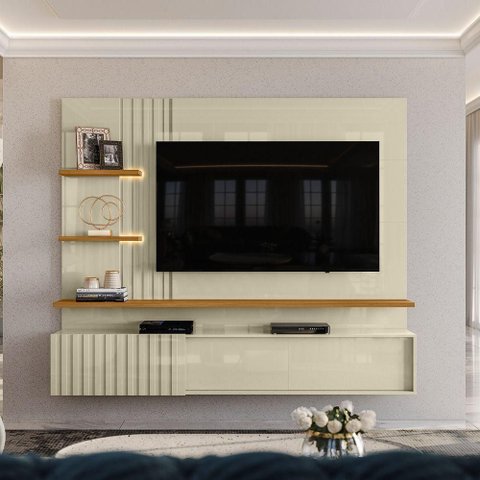 Painel Suspenso Atena para TV 65" 200cm MDP com LED Cumaru e Opala Madetec Móveis