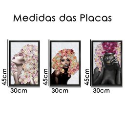 Kit 3 Quadros Decorativos 30x45 Mulheres Rosto Flores Rosas Arte na Arte Moldura Preta - 3