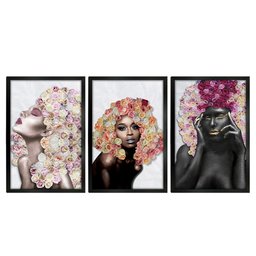 Kit 3 Quadros Decorativos 30x45 Mulheres Rosto Flores Rosas Arte na Arte Moldura Preta - 2