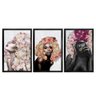 Kit 3 Quadros Decorativos 30x45 Mulheres Rosto Flores Rosas Arte na Arte Moldura Preta - 2