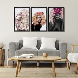 Kit 3 Quadros Decorativos 30x45 Mulheres Rosto Flores Rosas Arte na Arte Moldura Preta - 6
