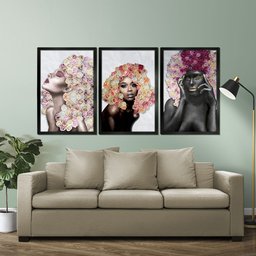 Kit 3 Quadros Decorativos 30x45 Mulheres Rosto Flores Rosas Arte na Arte Moldura Preta - 4