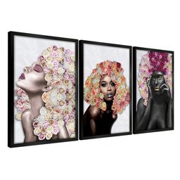 Kit 3 Quadros Decorativos 30x45 Mulheres Rosto Flores Rosas Arte na Arte Moldura Preta - 1