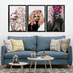 Kit 3 Quadros Decorativos 30x45 Mulheres Rosto Flores Rosas Arte na Arte Moldura Preta - 5