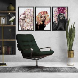 Kit 3 Quadros Decorativos 30x45 Mulheres Rosto Flores Rosas Arte na Arte Moldura Preta - 9