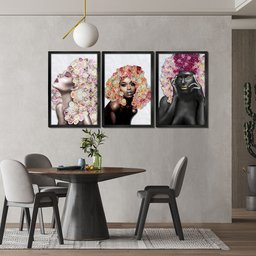 Kit 3 Quadros Decorativos 30x45 Mulheres Rosto Flores Rosas Arte na Arte Moldura Preta - 7