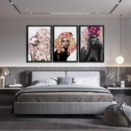 Kit 3 Quadros Decorativos 30x45 Mulheres Rosto Flores Rosas Arte na Arte Moldura Preta - 8