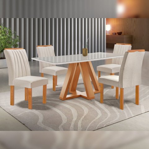 Mesa Kyra 120CMX90CM 4 Cadeiras Arizona Tampo Smart Plus Vidro Off White