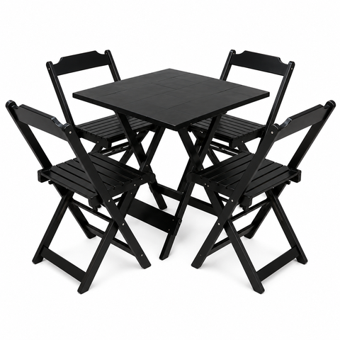 Conjunto Mesa Dobrável 70x70 cm c/4 Cadeiras - Preto