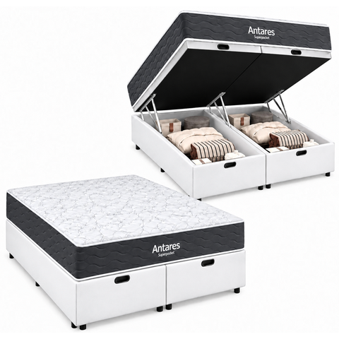 Cama Box Baú Airtech Antares Queen + Colchão de Molas Ensacadas - Ortobom - Spring - 158x198x67cm