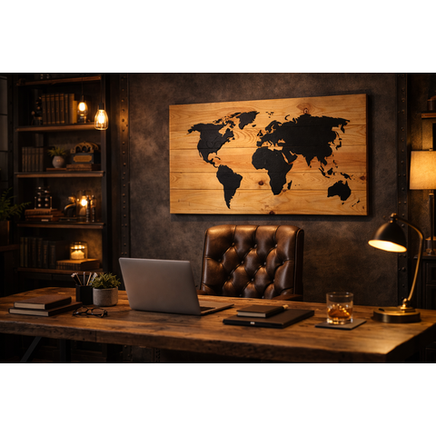Quadro Mapa-múndi Preto em Madeira Natural