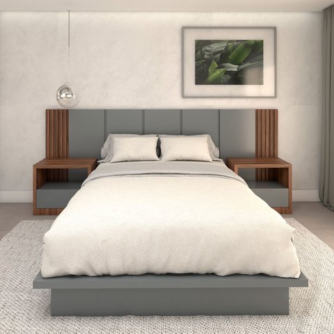 Cama Queen e Cabeceira com 2 Mesas Laterais Mdf sob Medida Cor:nogueira Cadiz com Cinza Sagrado